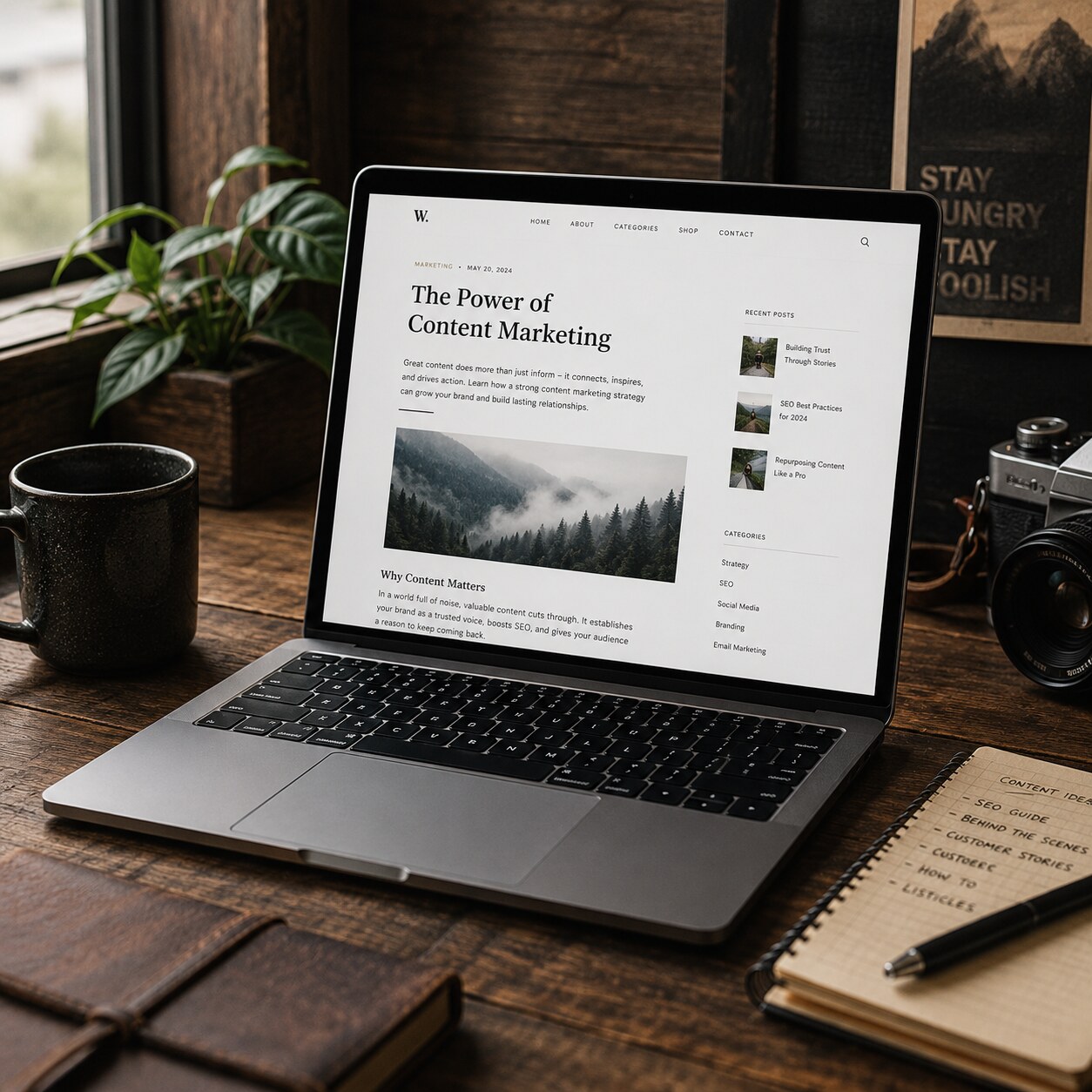A laptop showing a blog post titled The Power of Content Marketing