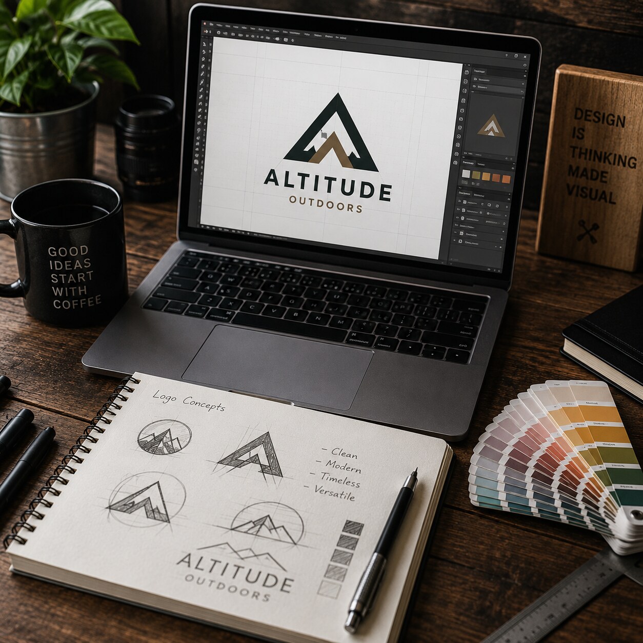A laptop showing a logo design in progress next to hand-sketched concepts