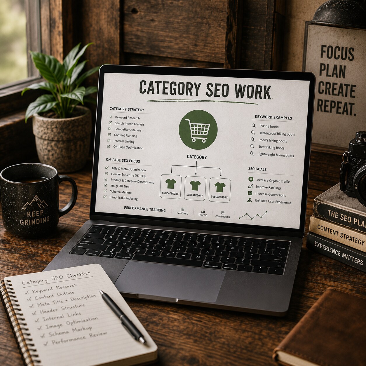 A laptop showing category SEO strategy and site structure