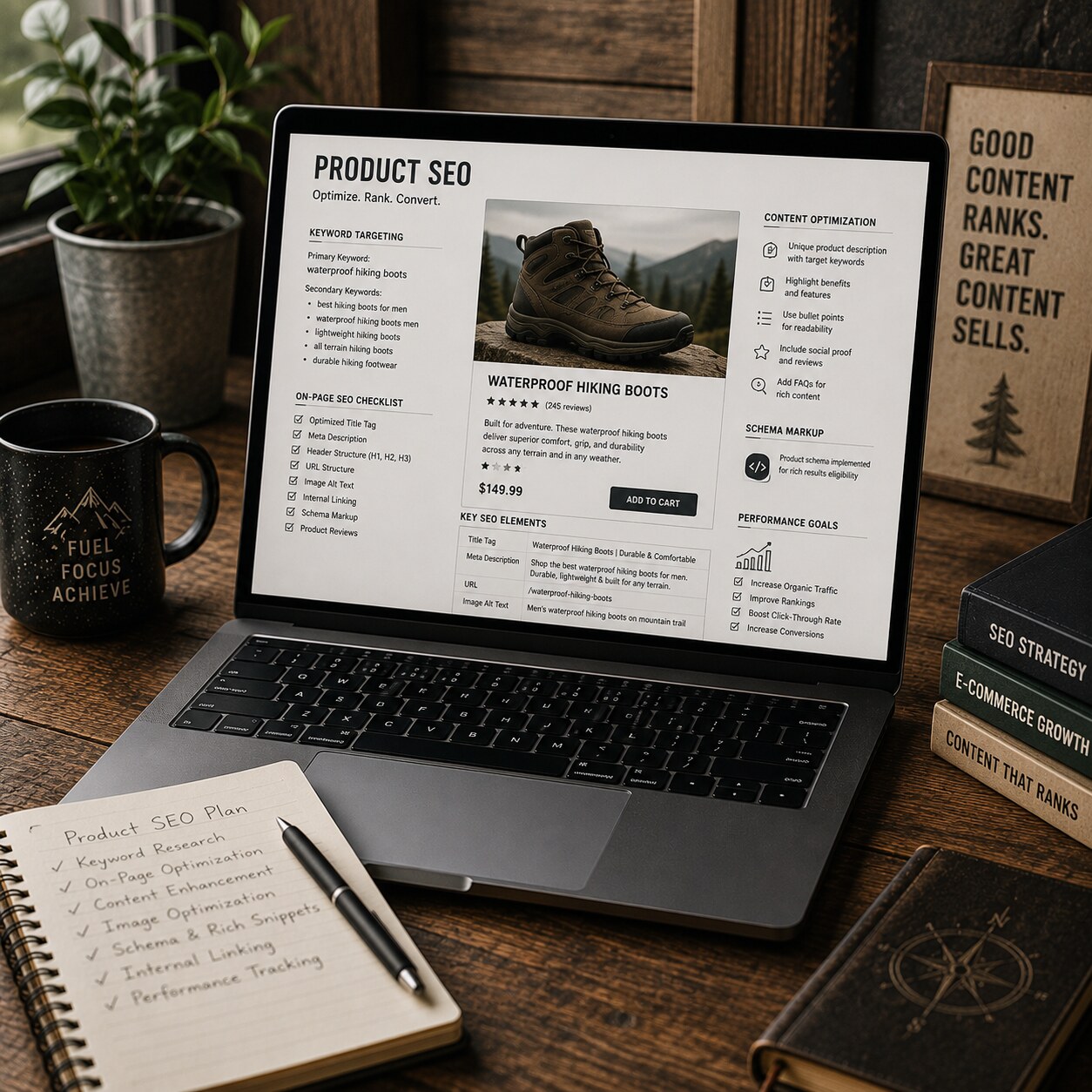 A laptop showing a product SEO checklist and keyword targeting
