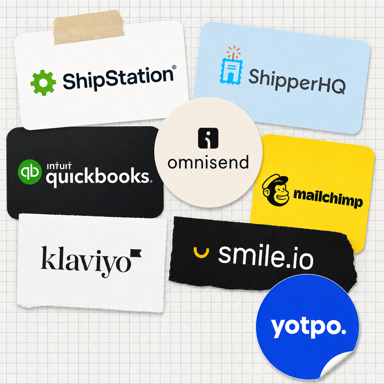 Logos of supported apps: ShipStation, ShipperHQ, QuickBooks, Omnisend, Mailchimp, Klaviyo, Smile.io, and Yotpo